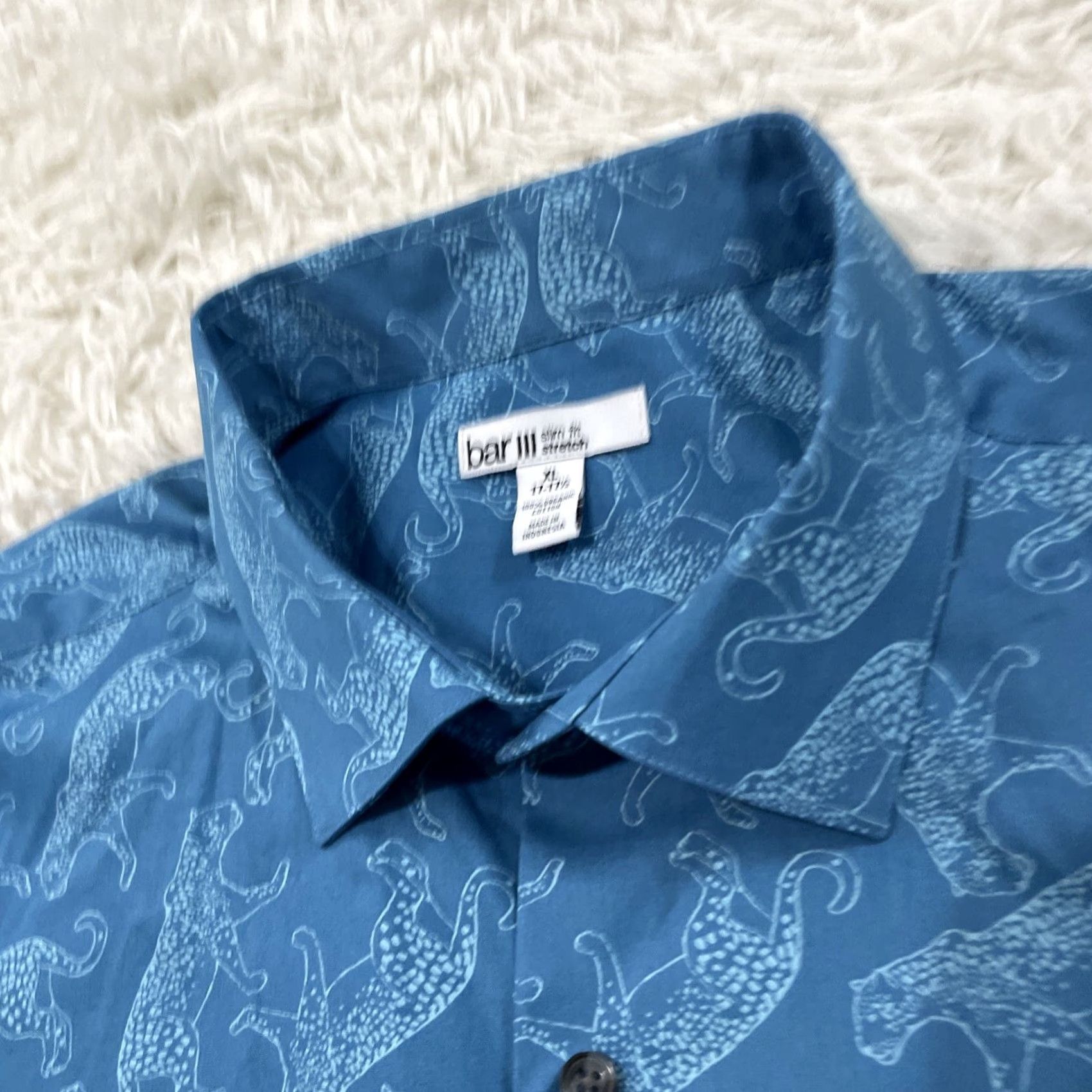 Bar III BAR III JAGUAR Dress Shirt Men XL 17 17.5 Teal Blue Cat Print Button Shirt 50" Size 46R - 3 Thumbnail