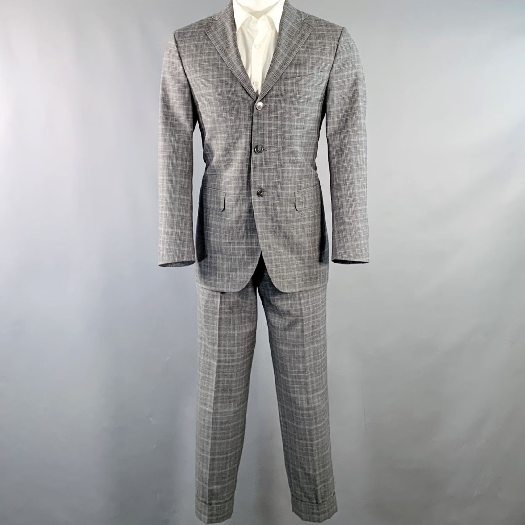 Vintage EIDOS Size 38 Regular Grey Charcoal Plaid Wool Notch Lapel Suit Mens Size 38R - 4 Thumbnail