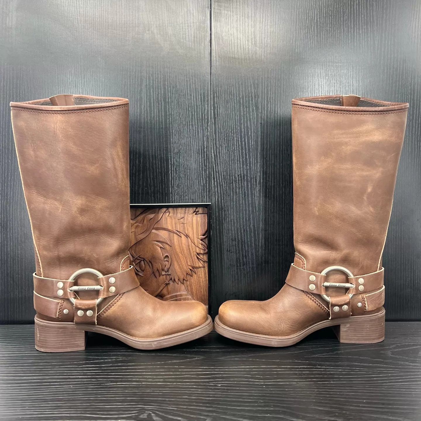 Miu Miu MIU brown leather metal buckle mid-calf boots 39.5 99 new Size US 9 / IT 39 - 2 Thumbnail