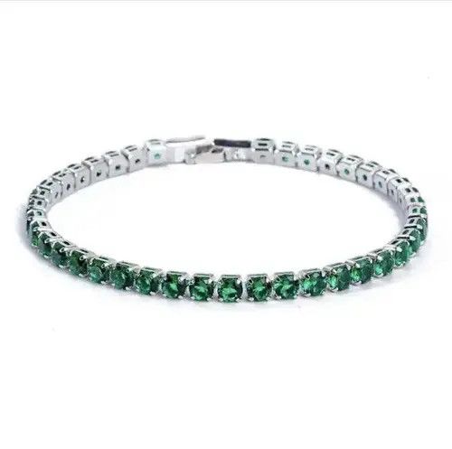 Sterling Silver 4mm Tennis Chain Sterling Silver Green Bracelet Size ONE SIZE - 5 Thumbnail