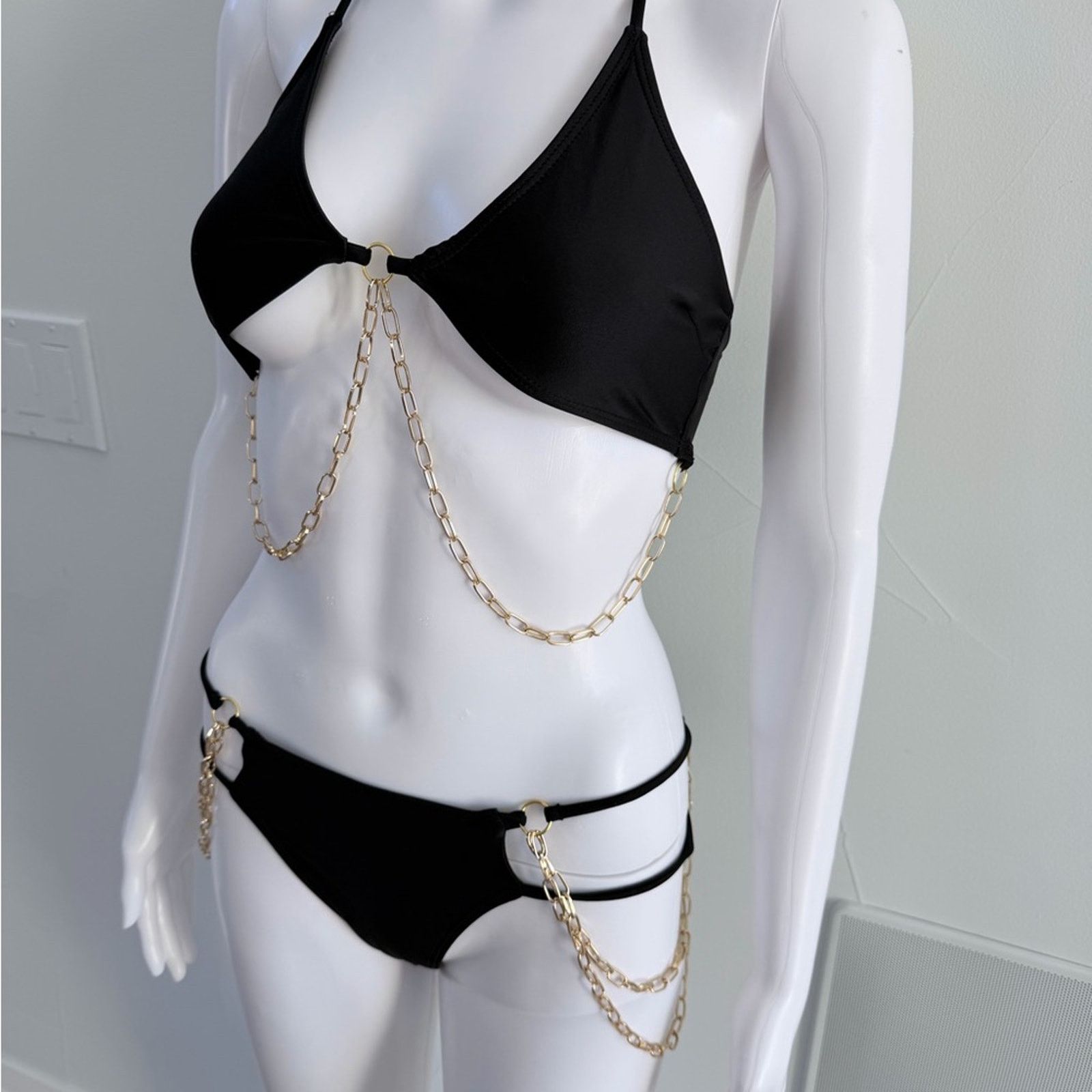 Other New Y2K Black Swimsuit Bikini with Gold Chain Accents size S Size ONE SIZE - 10 Thumbnail