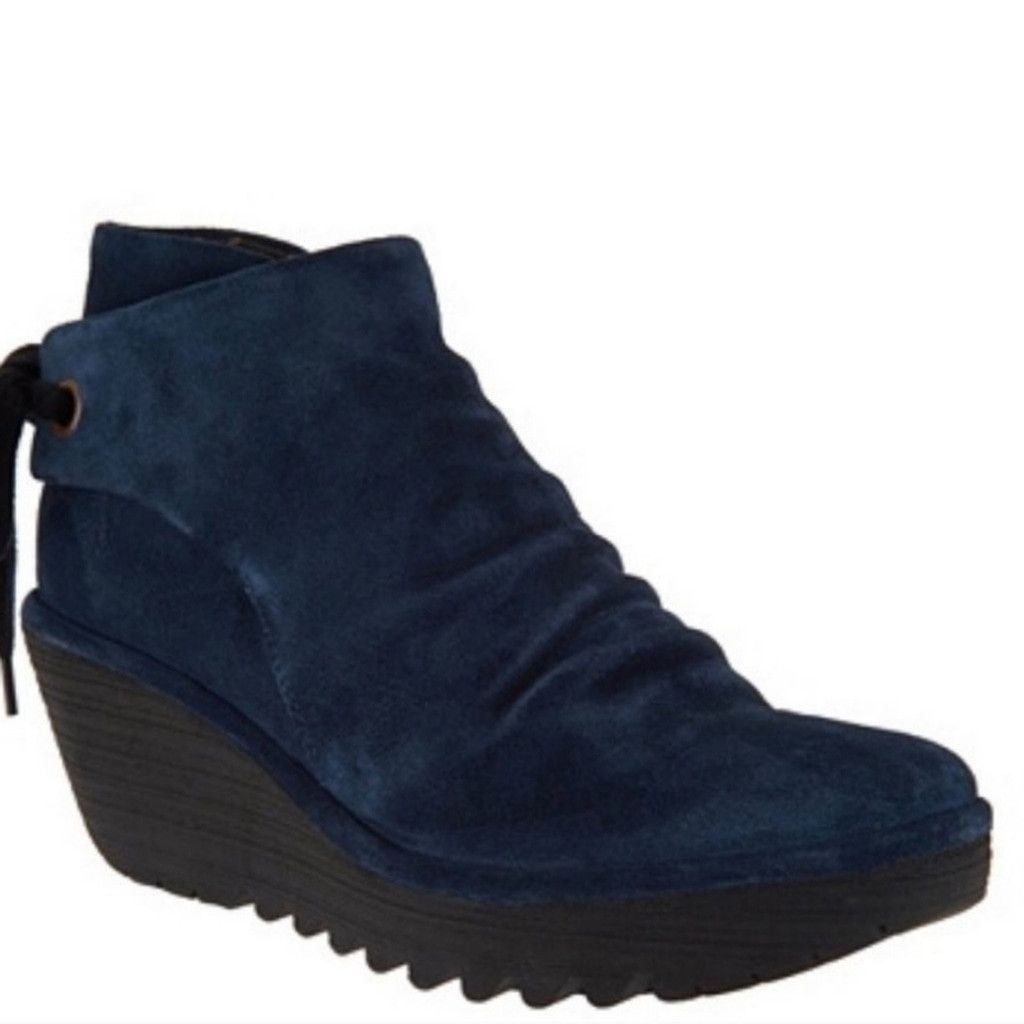 Fly London RARE Fly London Yebi blue suede ruched wedge ankle boots 6 Size US 6 / IT 36 - 1 Thumbnail