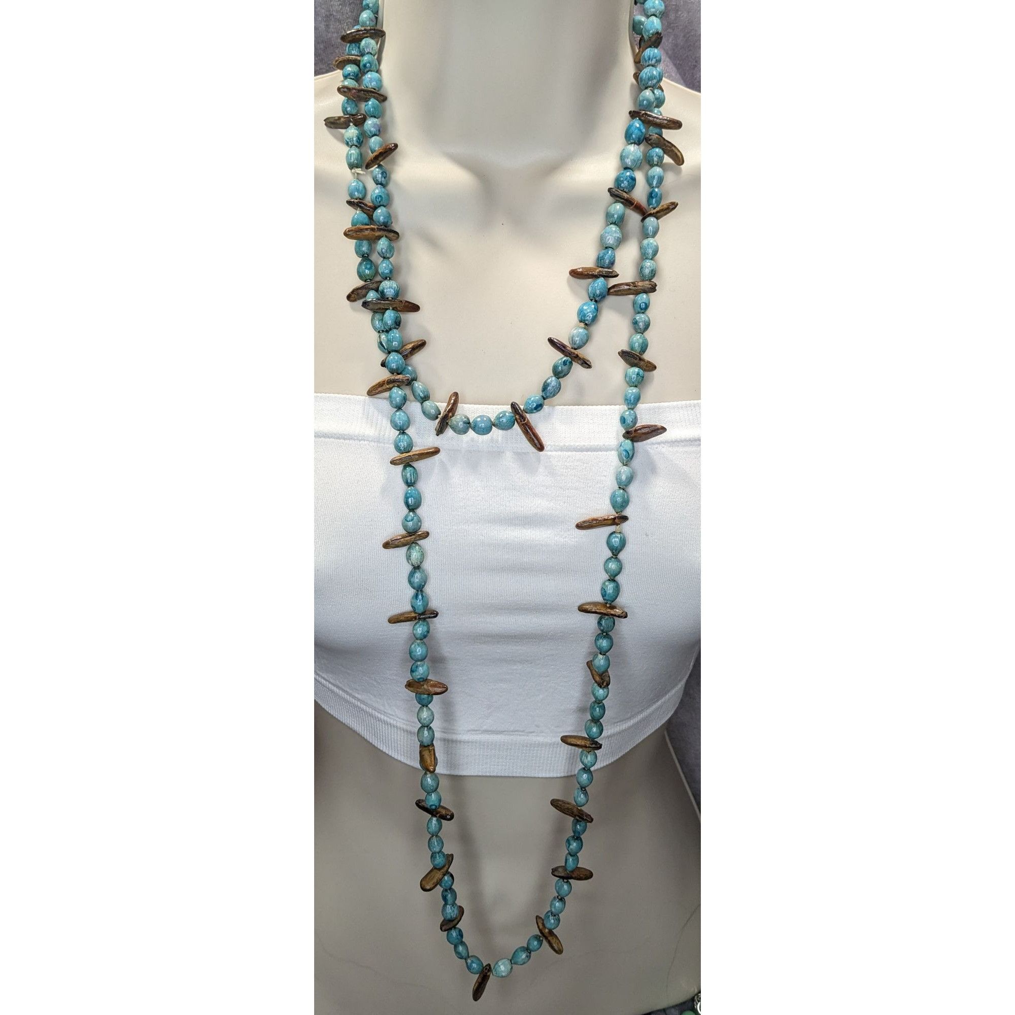 Other Vintage Blue Dyed Natural Seed Beaded Necklace With Brown Ac Size ONE SIZE - 6 Thumbnail