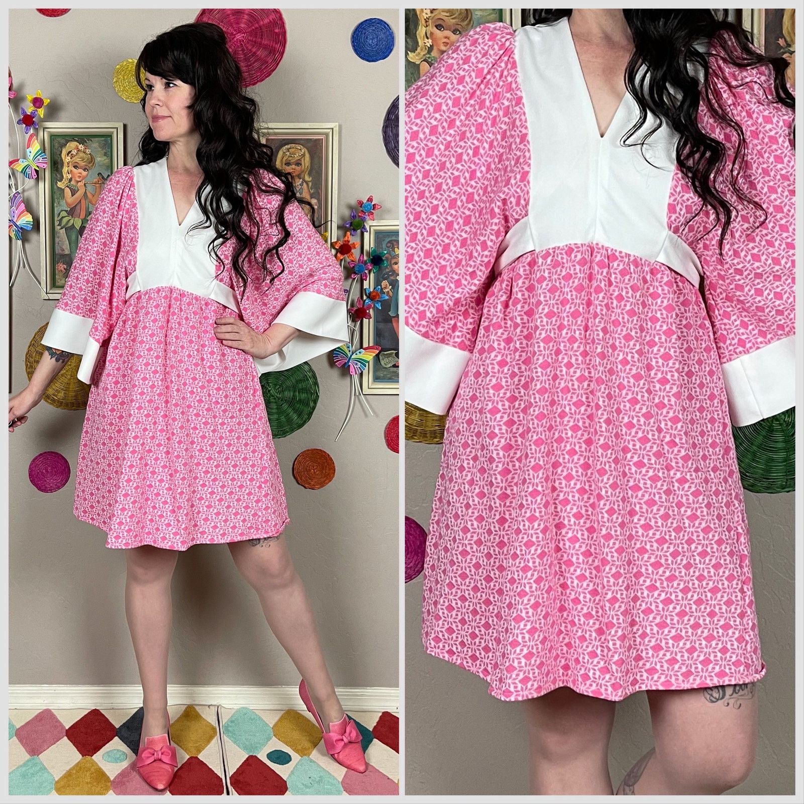 image of Vintage 1970S Pink Angel Bell Sleeve Mini Dress, Women's (Size Medium)