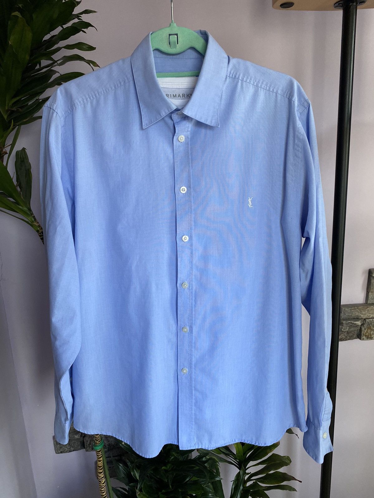 image of Saint Laurent Paris x Vintage Light YSL Blue Shirt YVES Saint Laurent Summer Shirt (Size Large)