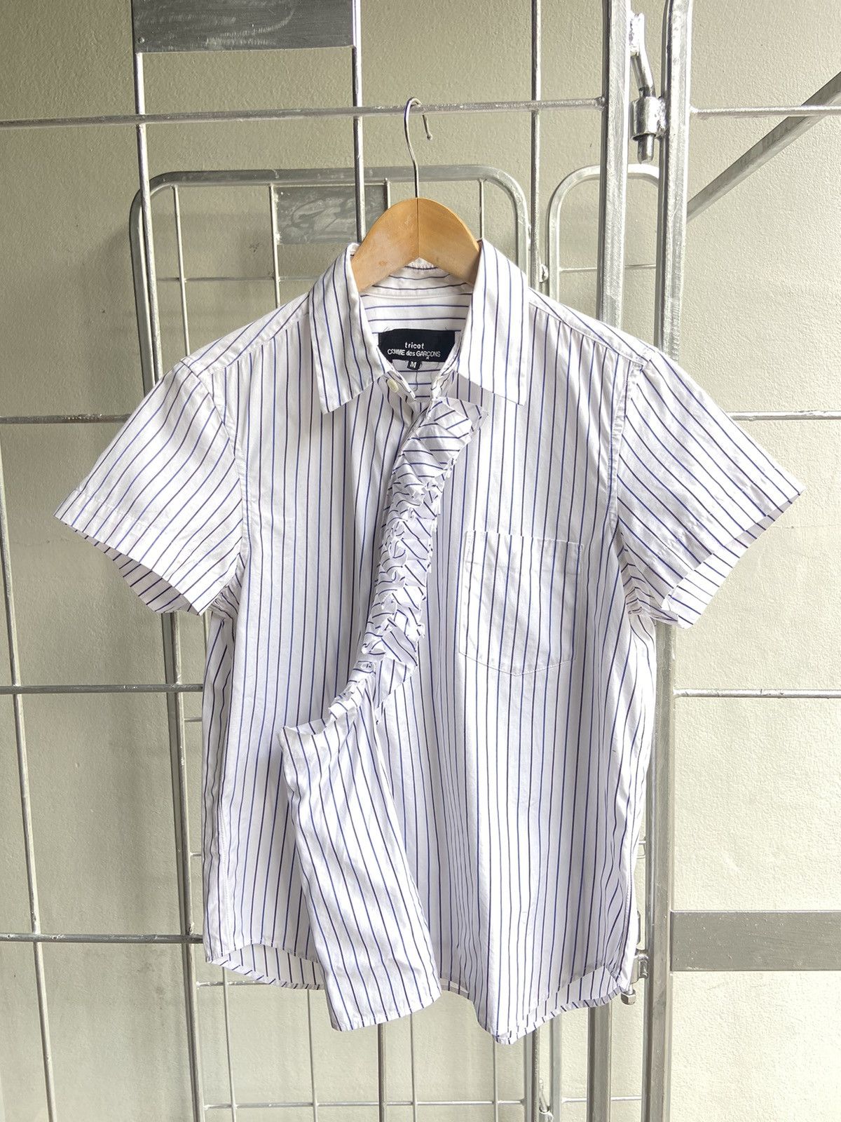 image of Comme Des Garcons White/pin Stripe Ruffle Shirt, Women's (Size Medium)