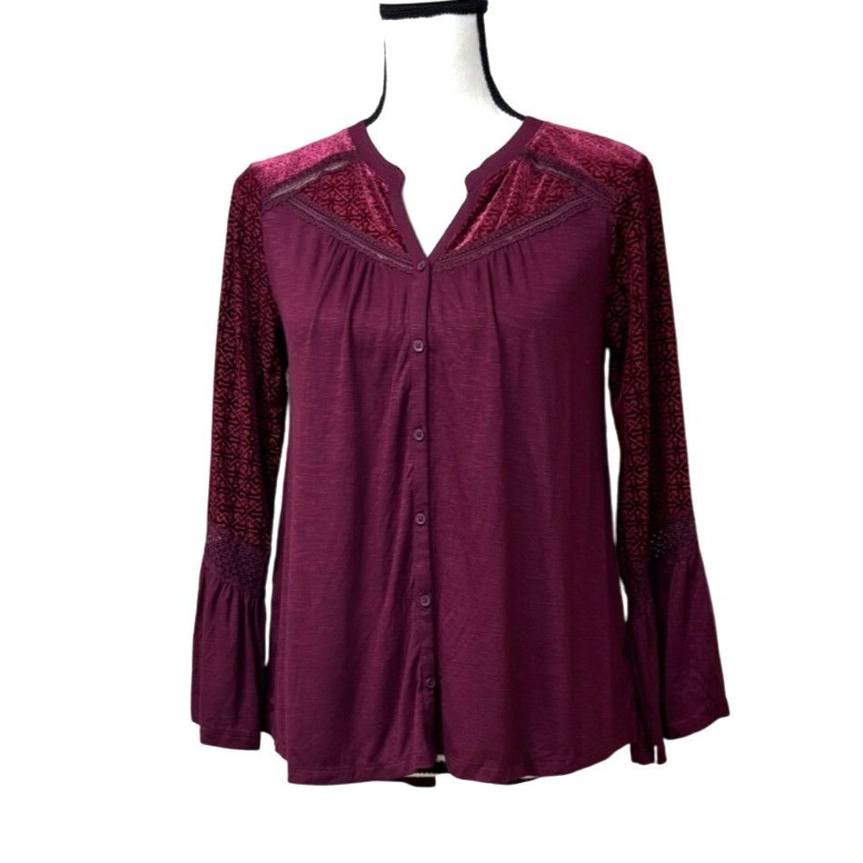 Style & Co Style & Co Petite Velvet-Trim Blouse, Scarlet Wine, Sz. PM Size ONE SIZE - 11 Thumbnail