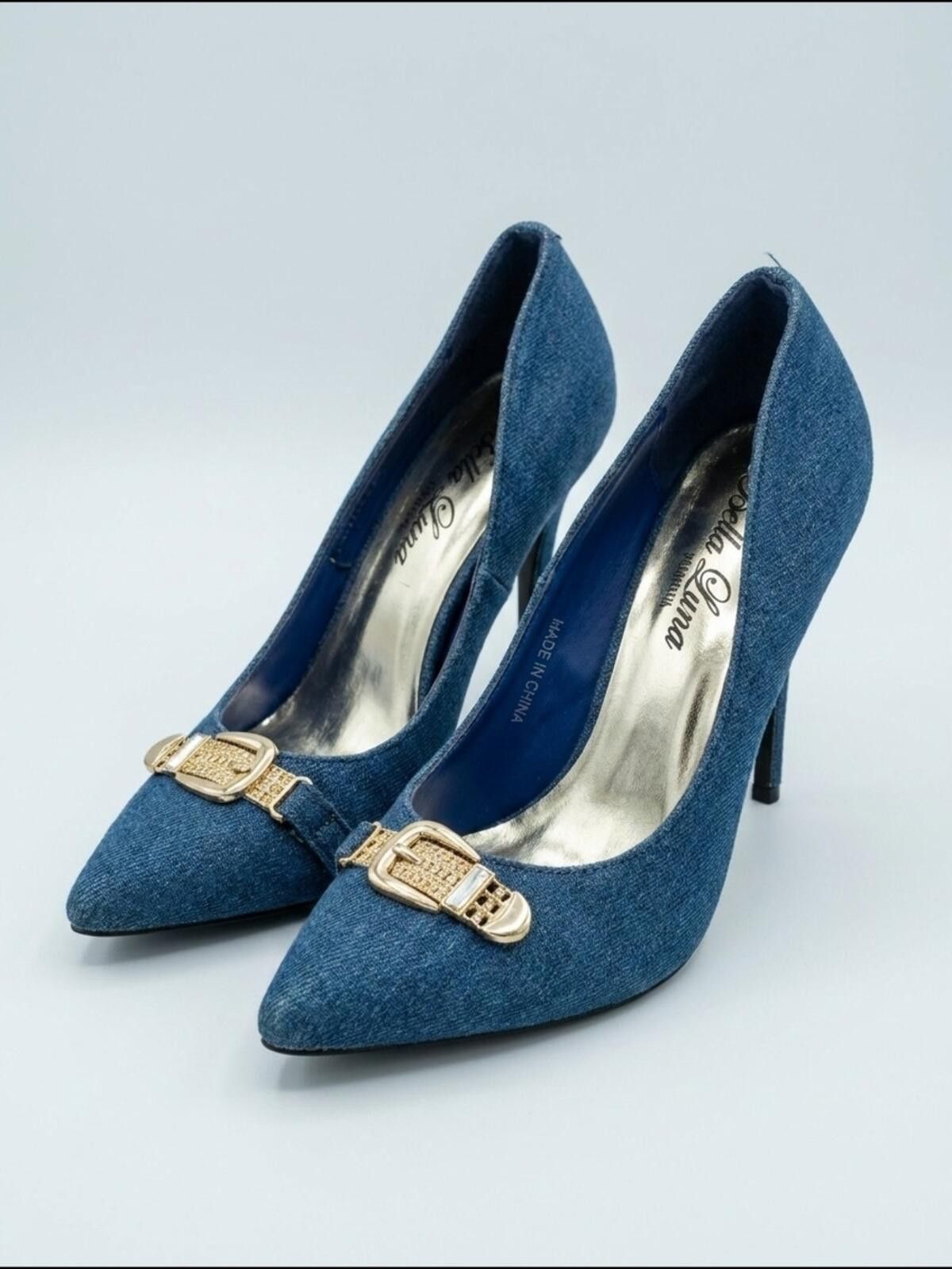 Other Denim Pointed Toe High Heels with Gold Buckle Size US 10 / IT 40 - 1 Thumbnail
