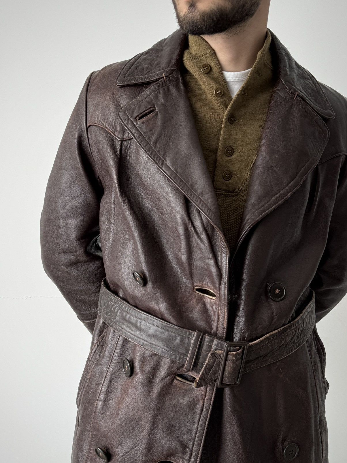 Vintage 1950s Vintage British Dispatch Rider Leather Trench Coat Size US M / EU 48-50 / 2 - 2 Thumbnail