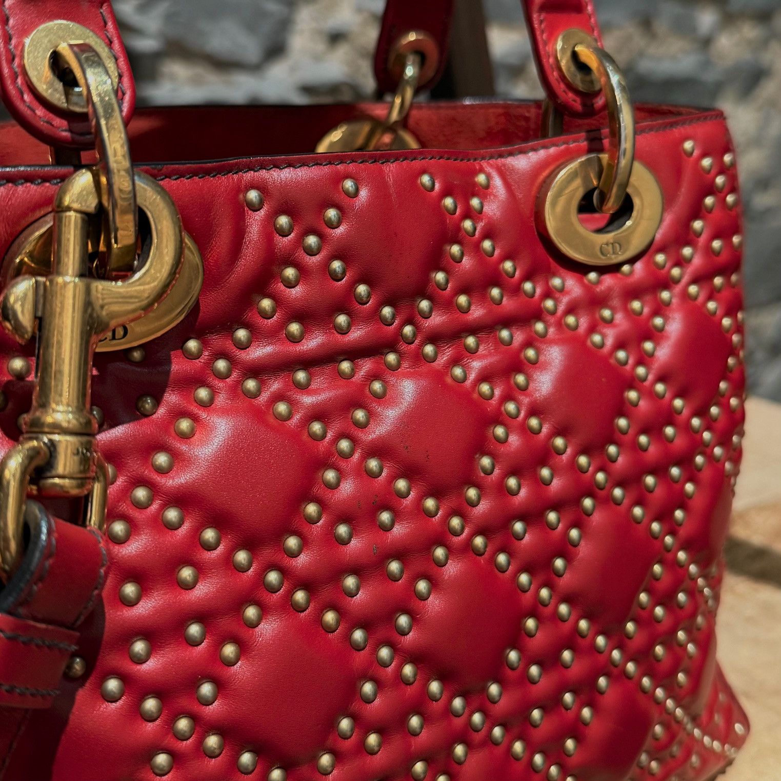 Dior Christian Dior Red Leather Gold Studded Medium Lady Dior Bag Size ONE SIZE - 10 Thumbnail