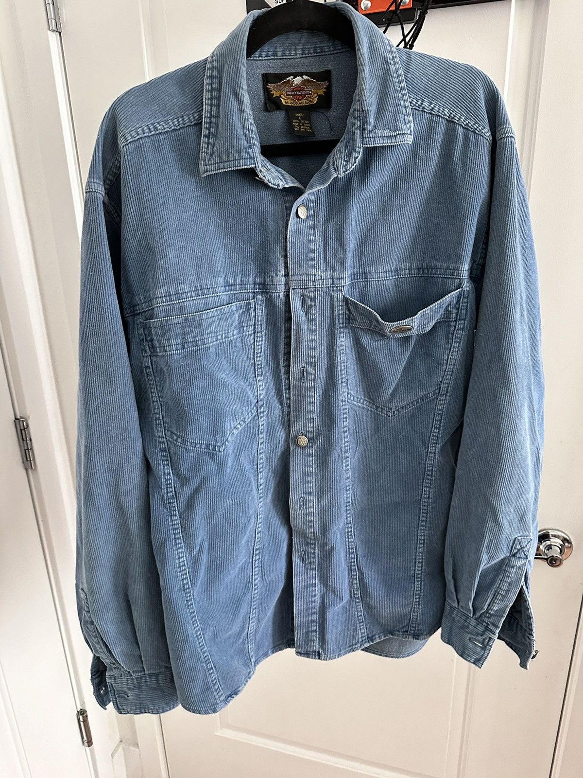 image of Harley Davidson Blue Corduroy Long Sleeve Button Up, Men's (Size Large)