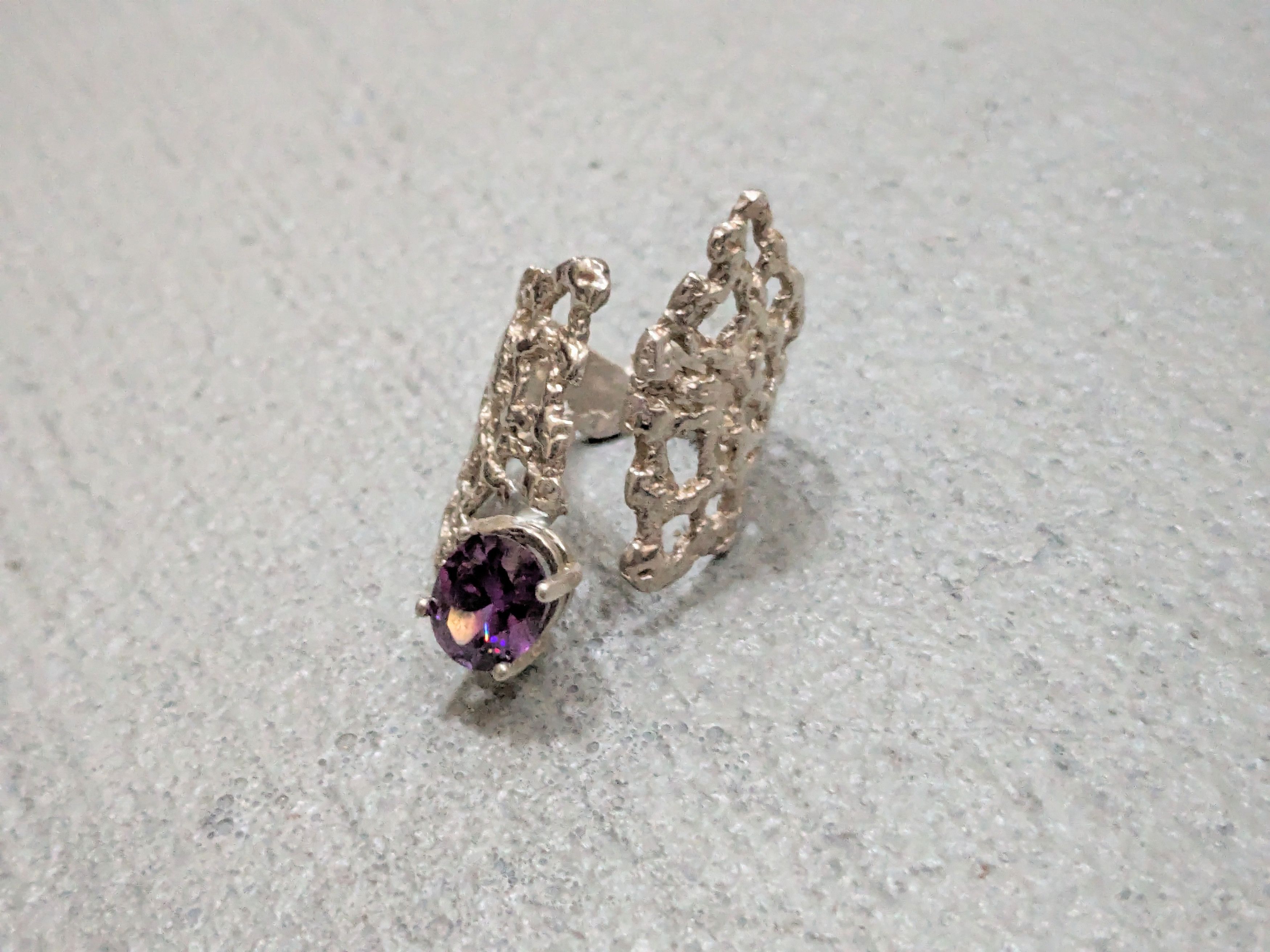 Jewelry Sterling Silver Ring Amethyst Size 8 Adjustable Brutalist Size ONE SIZE - 3 Thumbnail
