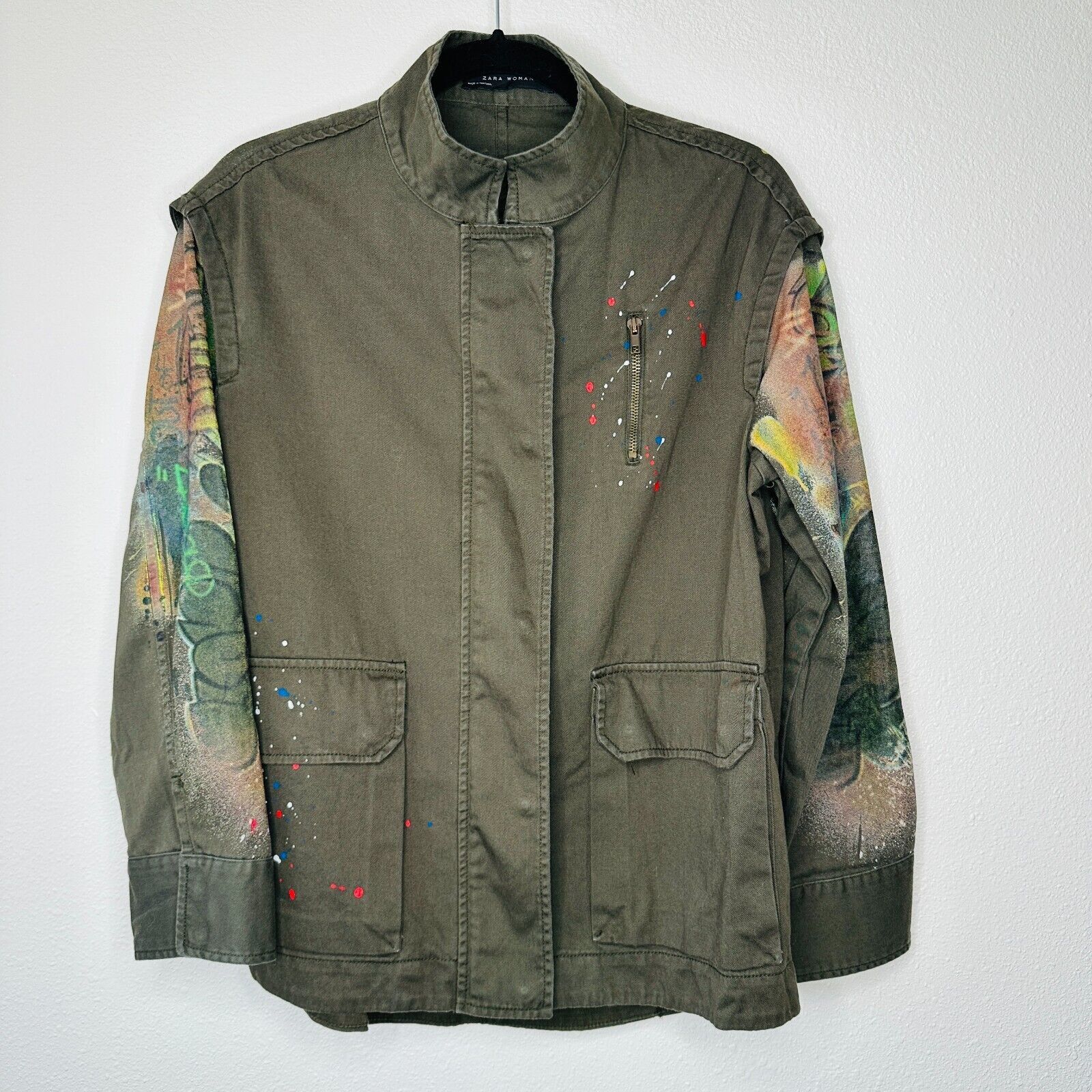 Zara Zara Army Green Grafitti New York Jungle Zip Utility Jacket Size XS / US 0-2 / IT 36-38 - 1 Thumbnail