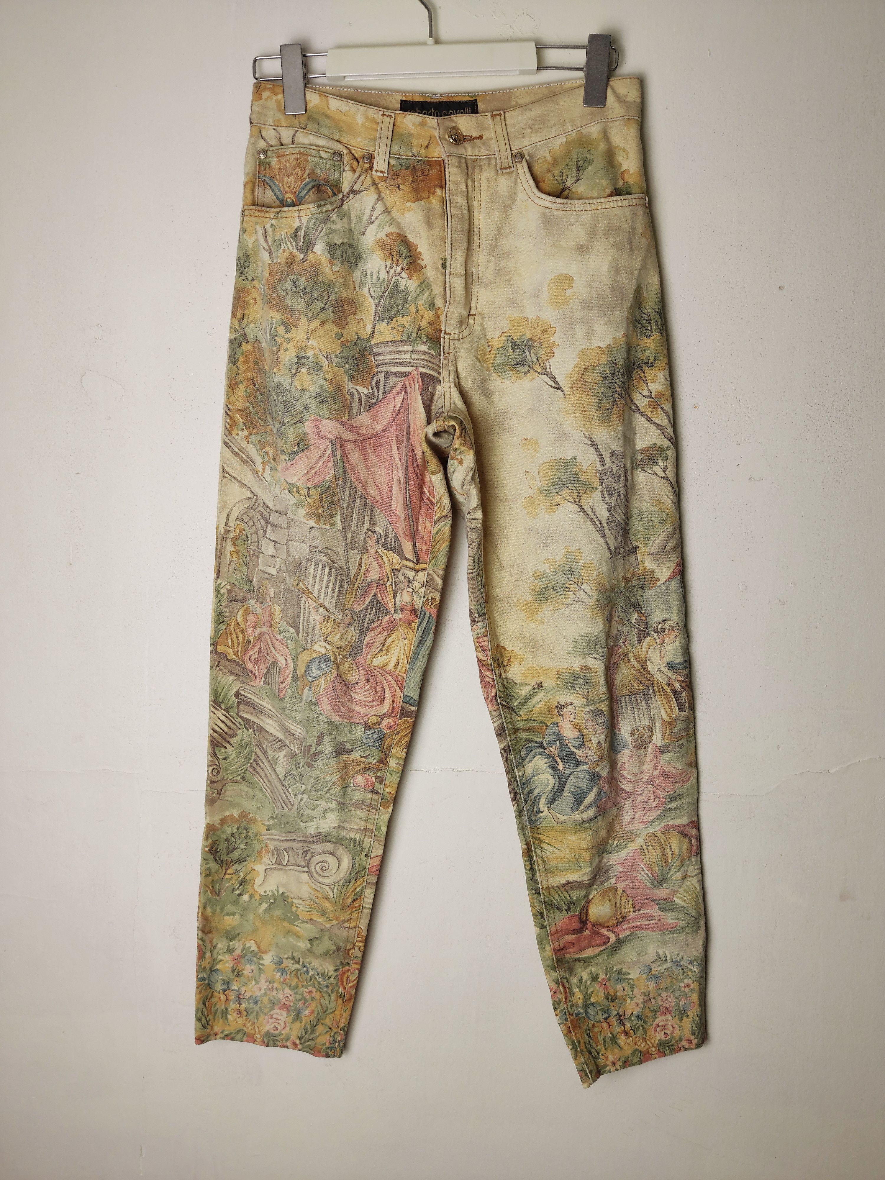 image of Art x Roberto Cavalli Vintage Painting Straight Trousers in Yellow Plus Decoration, Women's (Size 2