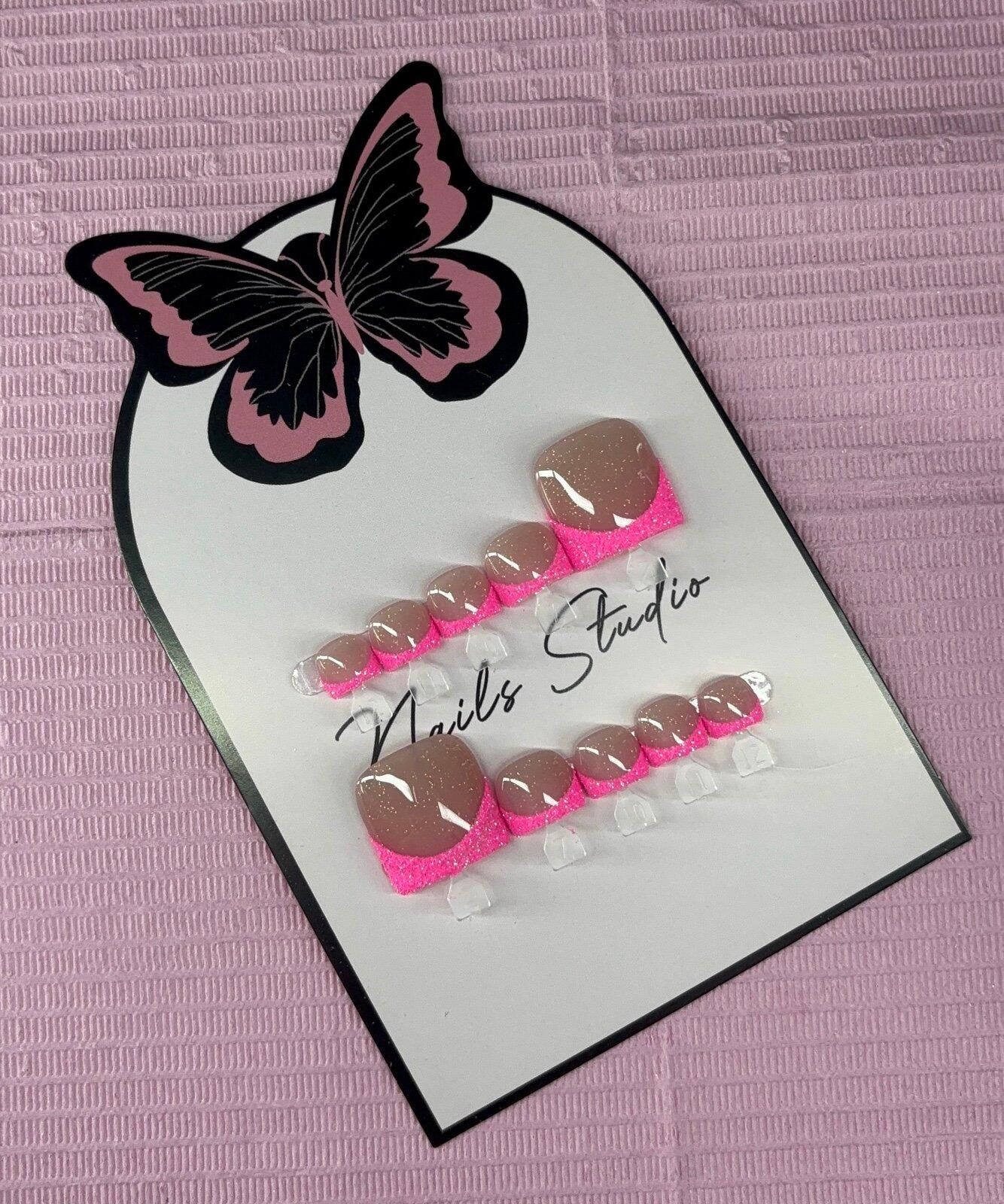Handmade Press on toenails pink glitter French tips handmade custom Size ONE SIZE - 3 Thumbnail