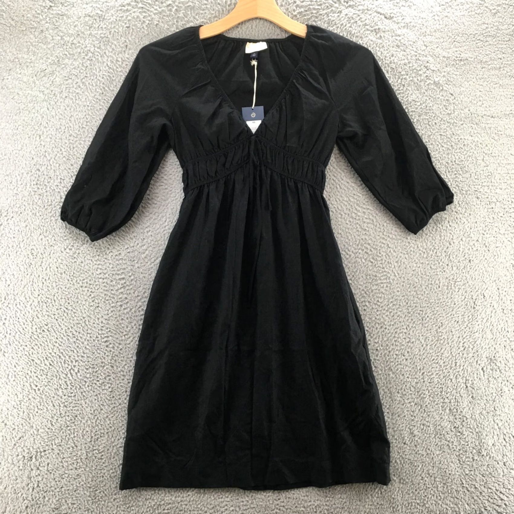 Vintage A New Day Midi Dress Womens XS Black Shirred Poplin Plunge Vneck Long Sleeve NEW Size XS / US 0-2 / IT 36-38 - 2 Thumbnail