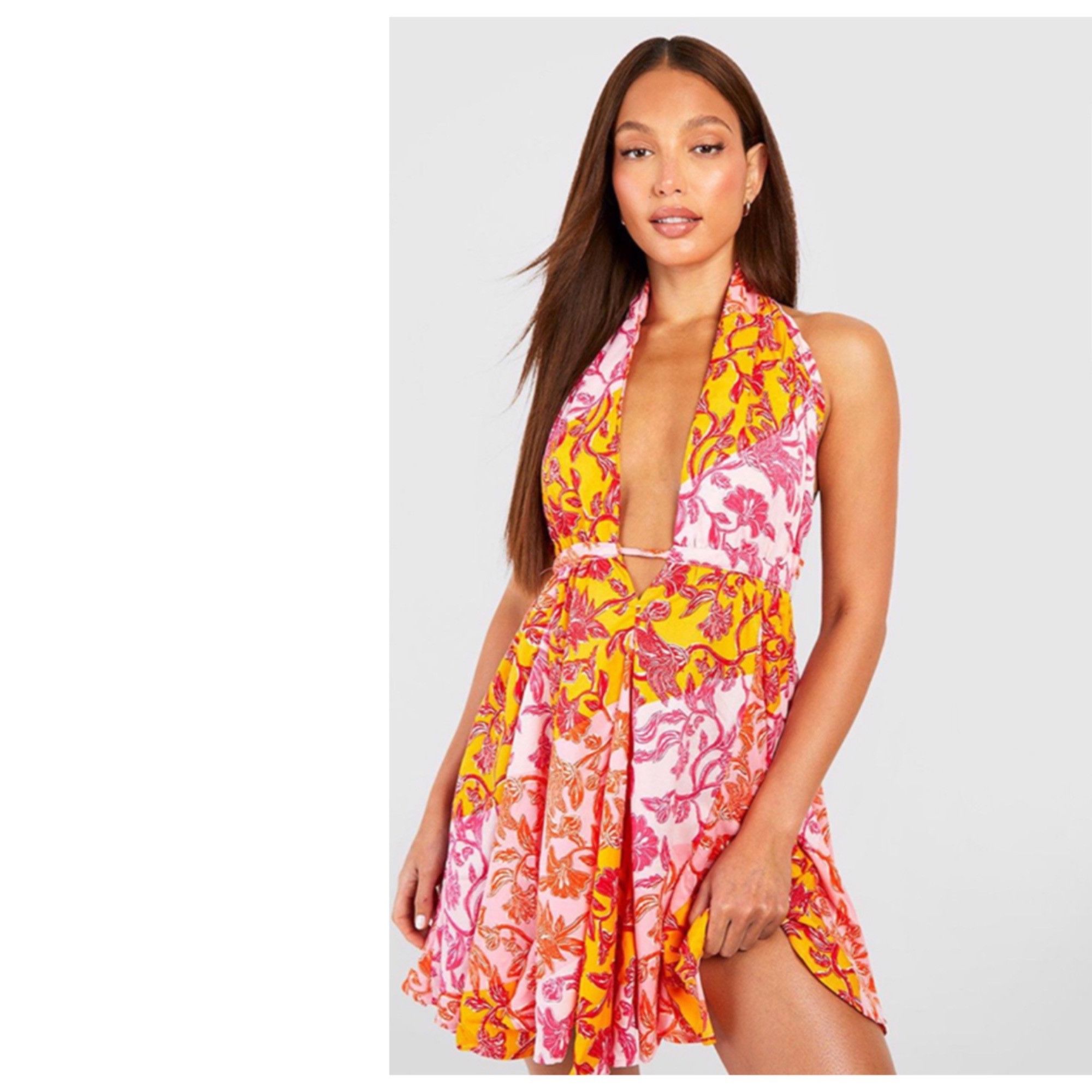 Boohoo Boohoo Tall Floral Halter Plunge Cage Swing Dress Pink Flor Size L / US 10 / IT 46 - 3 Thumbnail