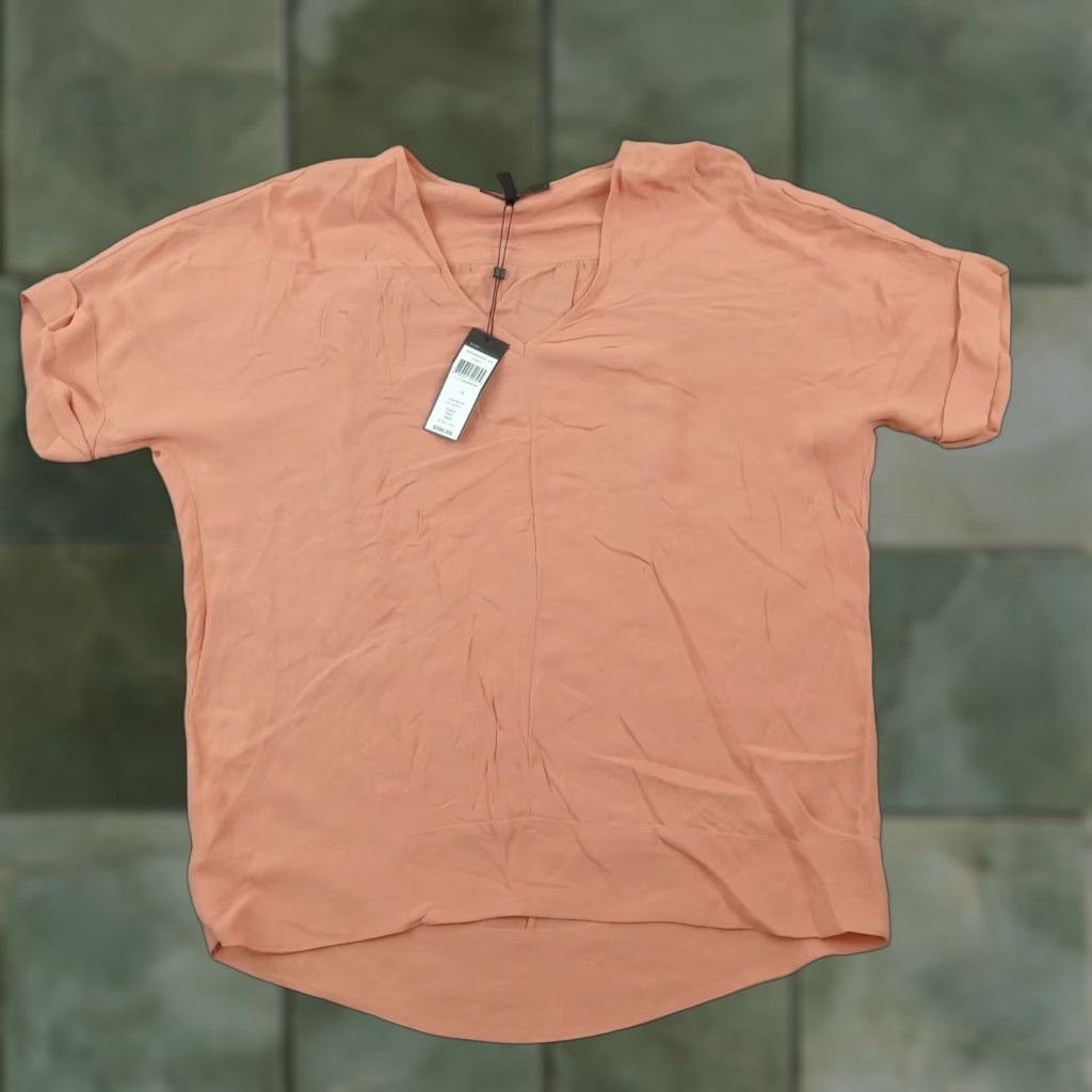 BCBG Maxazria Womens Small Orange V-Neck Short Sleeve Top Lightweight Casual Rayon