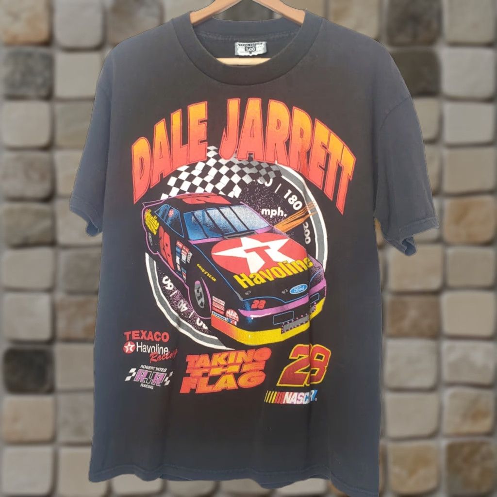 VINTAGE NASCAR Dale Jarrett Shirt Black Lee Havoline Racing 1990s Race #28 Mens L Good Condition