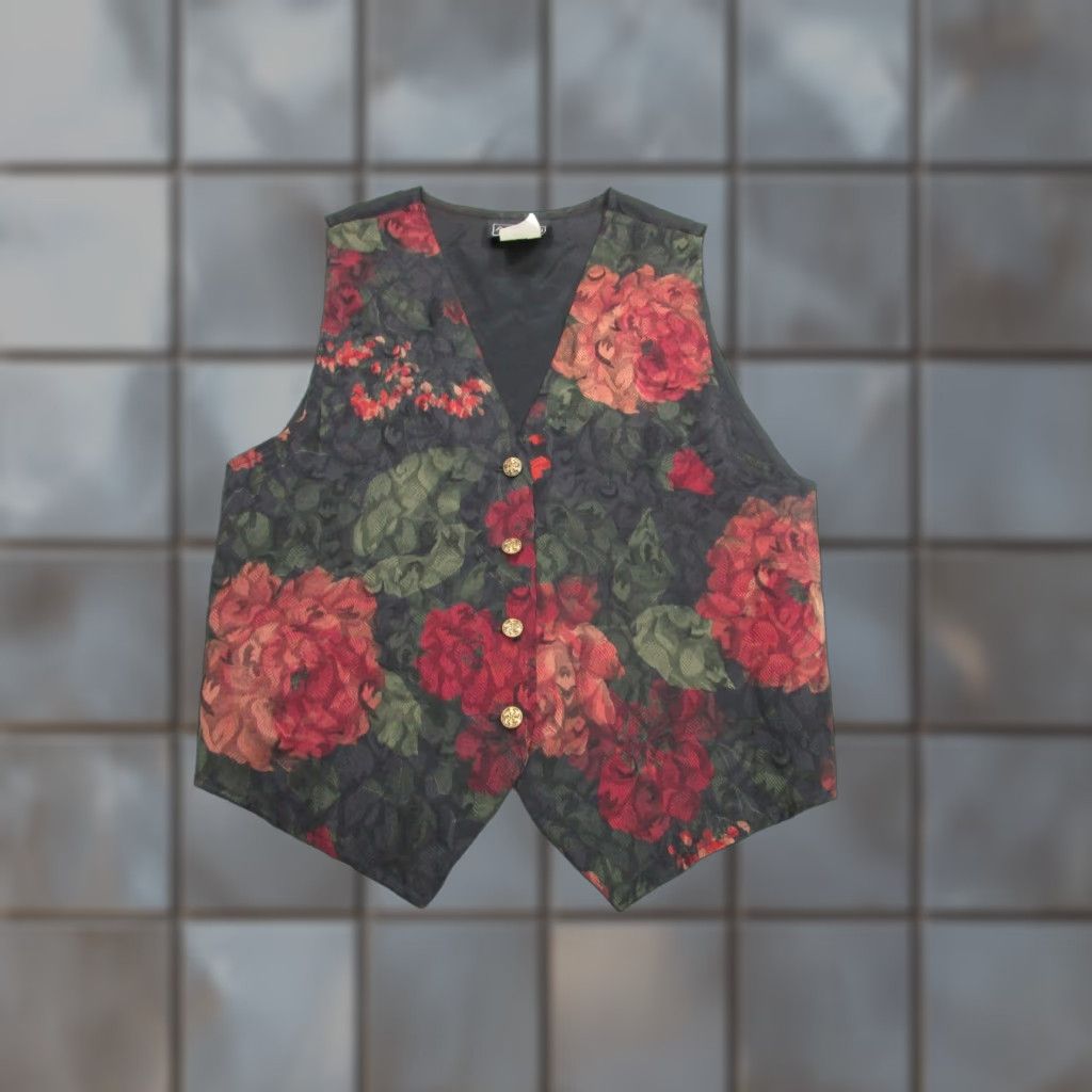 Vintage Anxiety Vest Womens M Black Floral Rose Tapestry Button Up USA Boho Party 90s Size M / US 6-8 / IT 42-44 - 1 Thumbnail