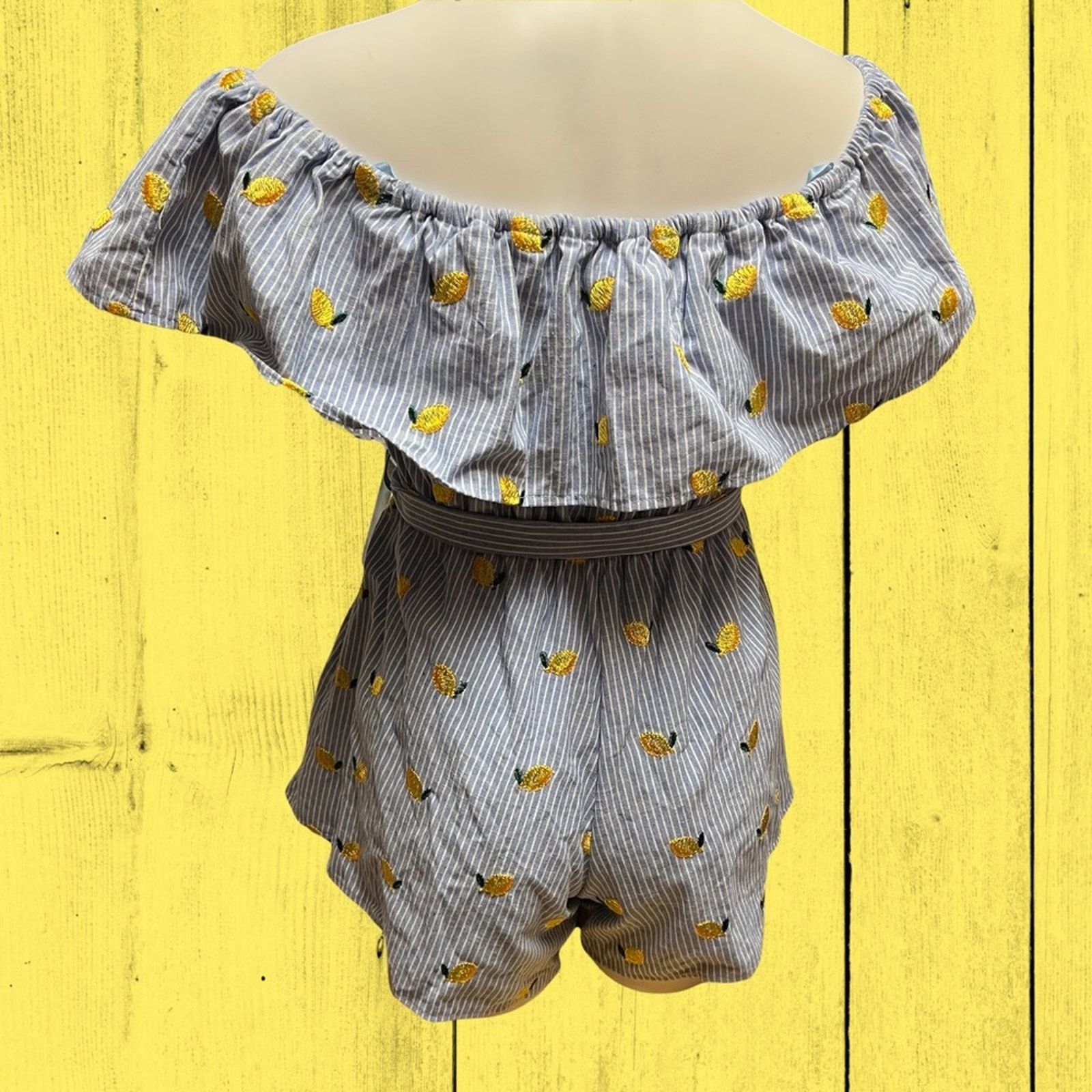 Other Trac Lemon Pinstripe Romper Large Summer Flare Embroidered Size 32" / US 10 / IT 46 - 4 Thumbnail