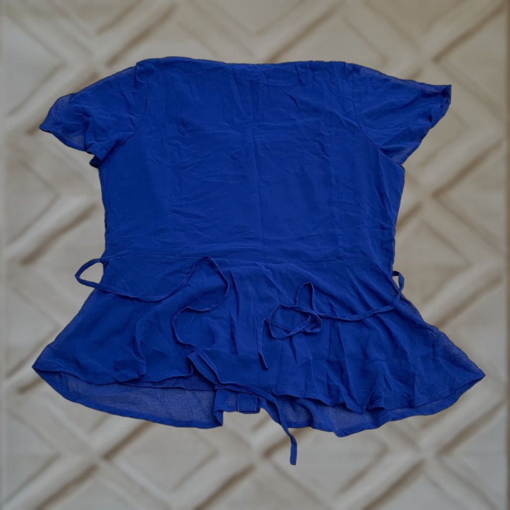 Vintage Unbranded Blouse Shirt Womens 14 Blue Chiffon Short Sleeve Button Down V-Neck Belted Peplum Casual Size S / US 4 / IT 40 - 1 Thumbnail
