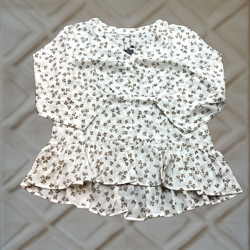 Vintage Tasamo Blouse Top Womens L White Floral Button Up Long Sleeve Shirt NWT Size L / US 10 / IT 46 - 1 Thumbnail