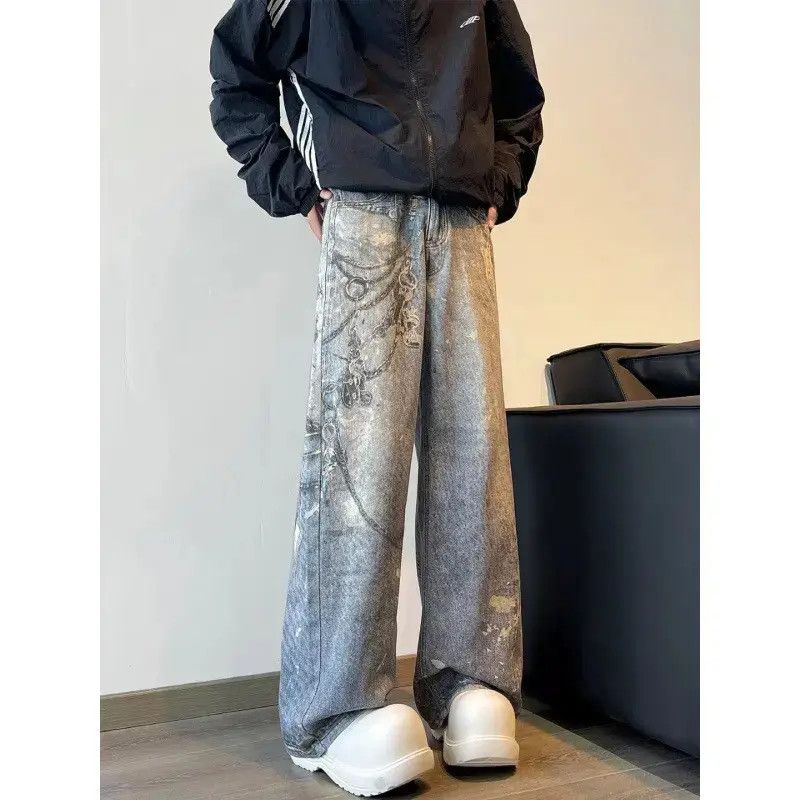 Japanese Brand Retro loose wide leg printed chain jeans Size US 32 / EU 48 - 1 Thumbnail