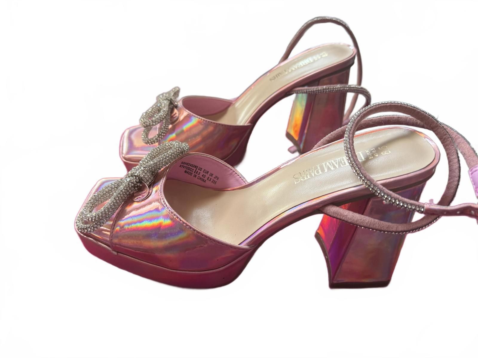 Designer Strappy Pink Holographic Heels with Bow Size US 8.5 / IT 38.5 - 3 Thumbnail