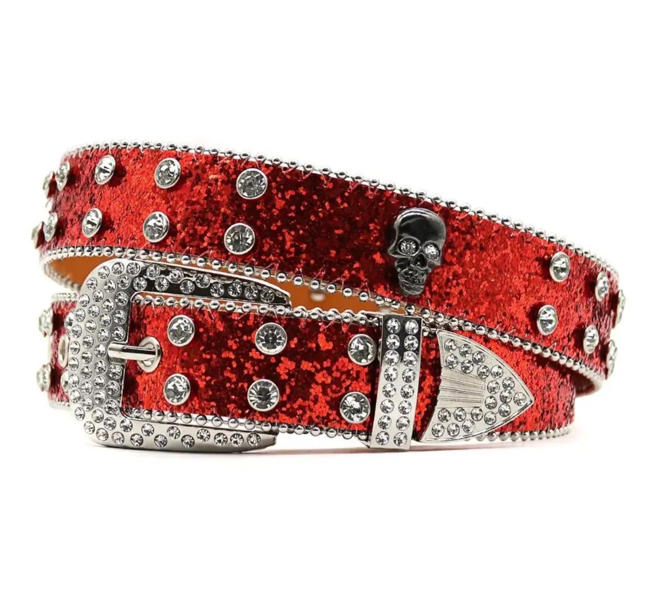 Leather Red Color Rhinestone Studded PU Leather Belt Size ONE SIZE - 2 Thumbnail