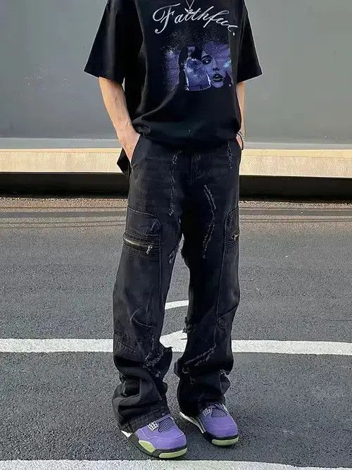 Designer × Jean distressed damaged cargo ripped jeans Size US 30 / EU 46 - 1 Thumbnail