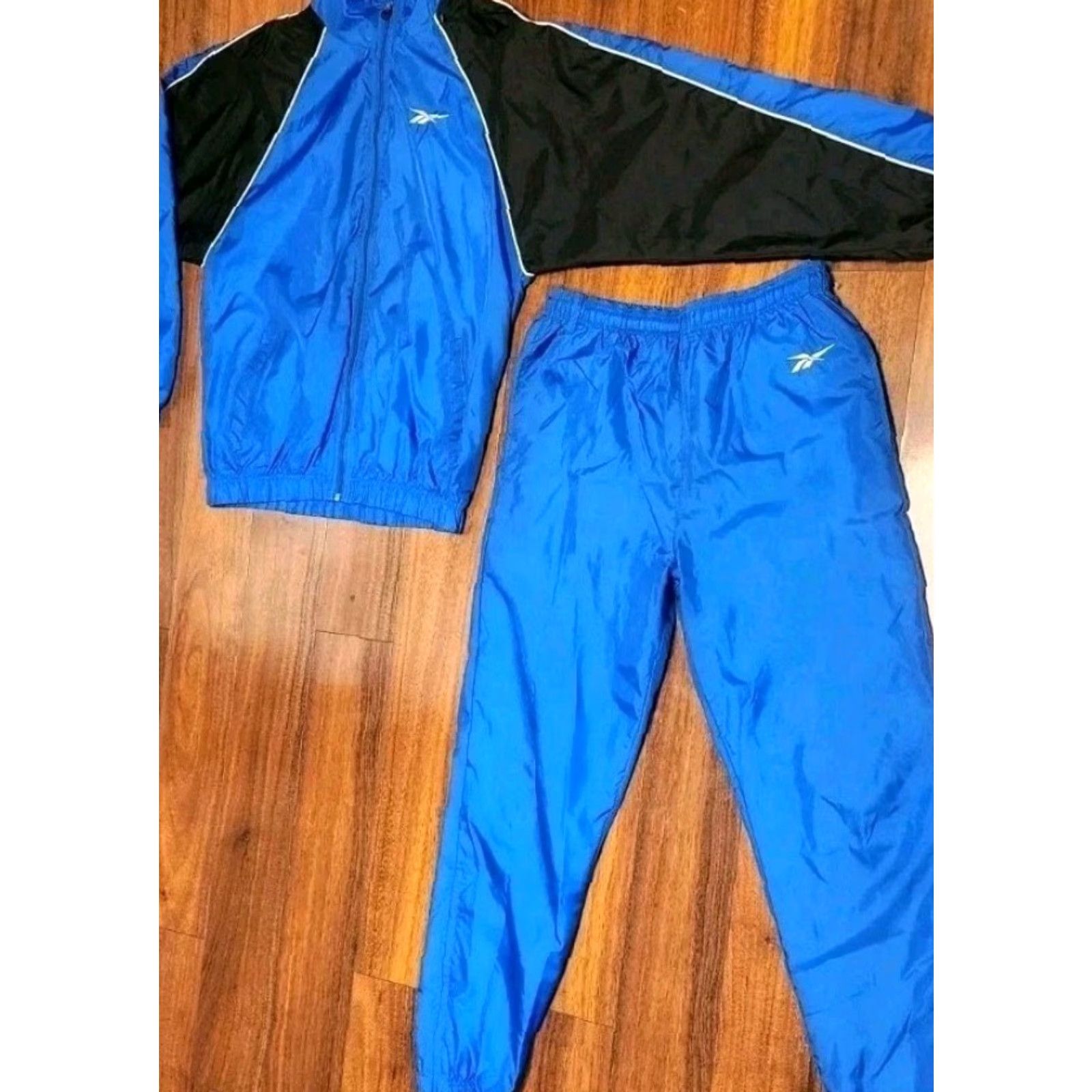 Reebok VINTAGE Reebok Track Suit Mens M Medium Blue Black Logo Nylon Lined Jacket Pants Set Size 40R - 2 Thumbnail