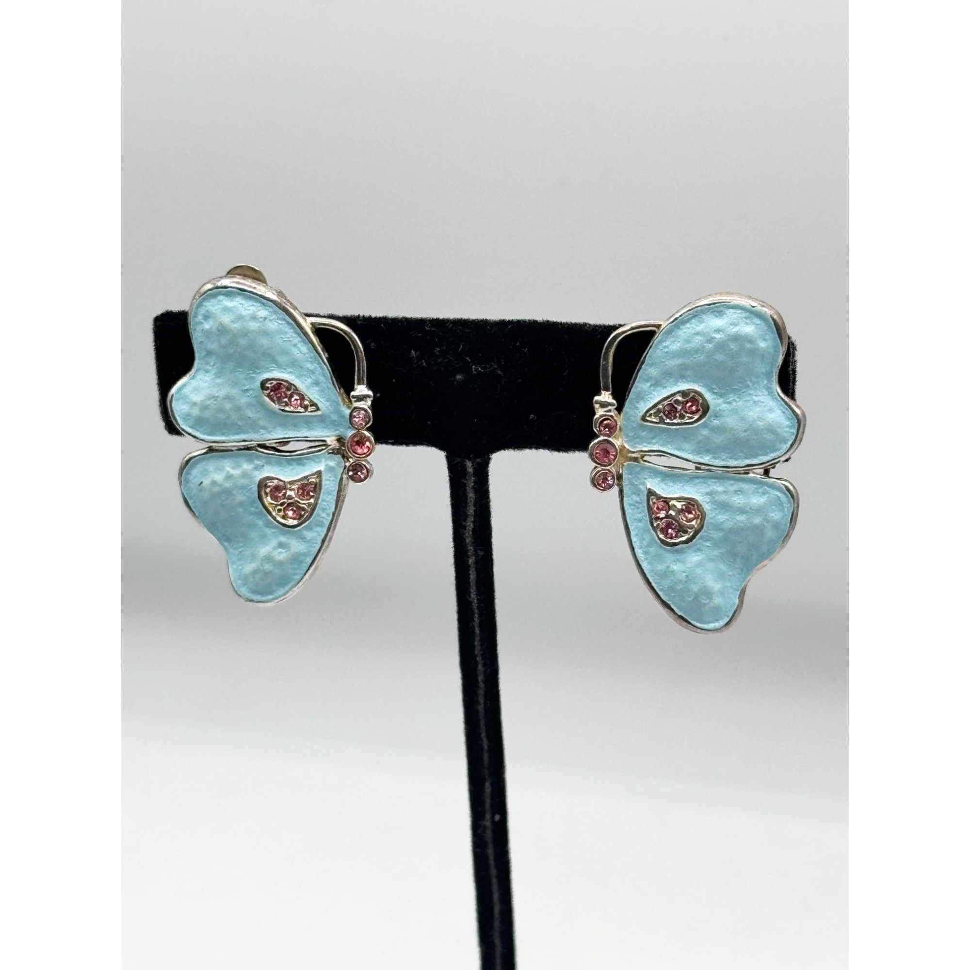 Vintage Blue enamel pink rhinestone butterfly clip on earrings Size ONE SIZE - 2 Thumbnail