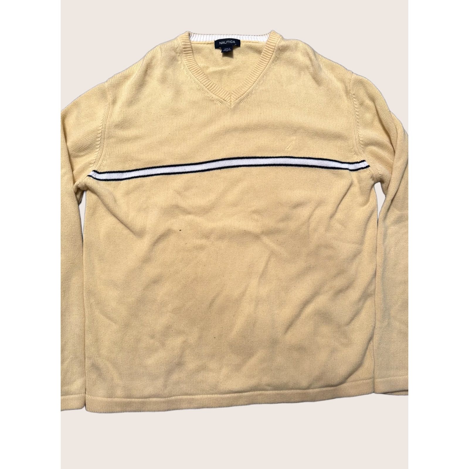 Nautica Nautica Sweater Mens Medium Yellow V-Neck Cotton Pullover Striped Classic Style Size US M / EU 48-50 / 2 - 1 Thumbnail