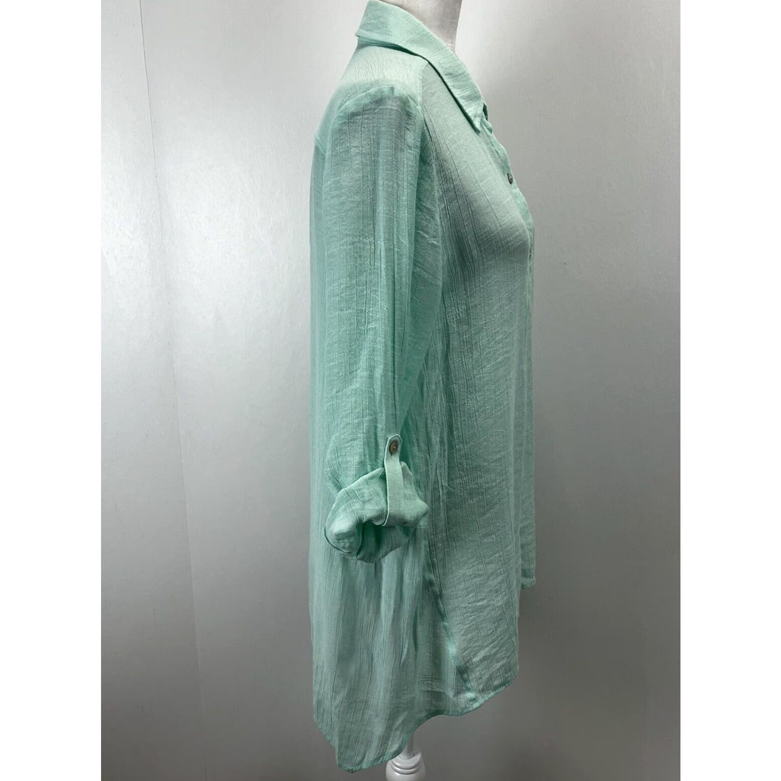 Vintage Chicos Green Crinkle Gauze Long Sleeve Button Up Shirt Women's Sz 1 Roll Tab Sleeves Size XS / US 0-2 / IT 36-38 - 4 Thumbnail