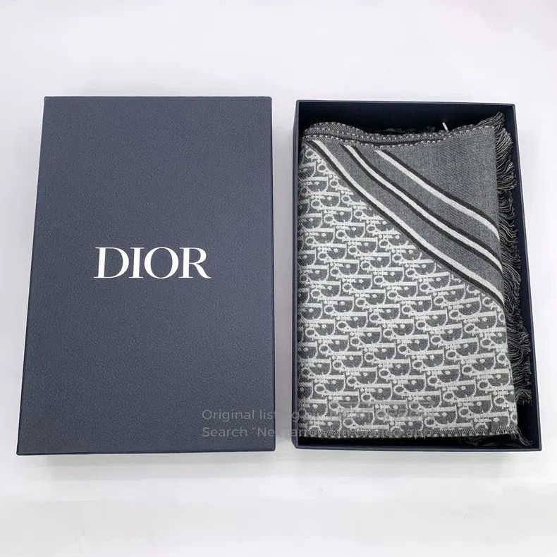 Dior Dior Gray logo jacquard full print sheep wool tassel scarf Size ONE SIZE - 9 Thumbnail