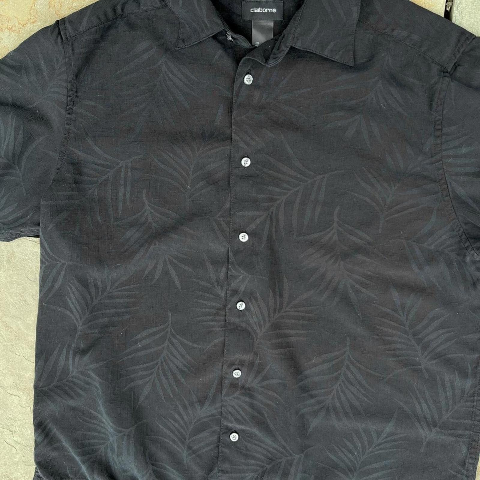 Liz Claiborne Y2K Black Silk Tonal Palm Pattern Shirt Size US L / EU 52-54 / 3 - 2 Thumbnail