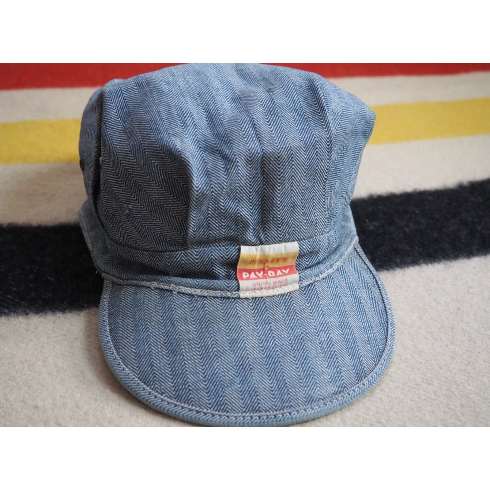 JCPenney VINTAGE Penneys Hat Conductor Work Penneys Penneys Pay Day 50s Sanforized Herringbone Cap S Blue Men's Hat Size ONE SIZE - 4 Thumbnail