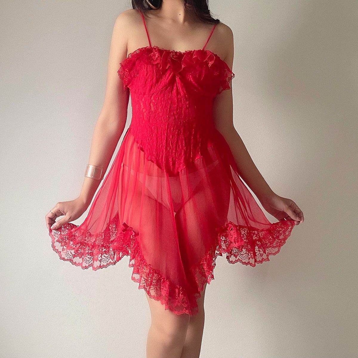 Vintage Romantic Red Lace Ruffled Sheer Slip Dress (M-L) Size L / US 10 / IT 46 - 5 Thumbnail