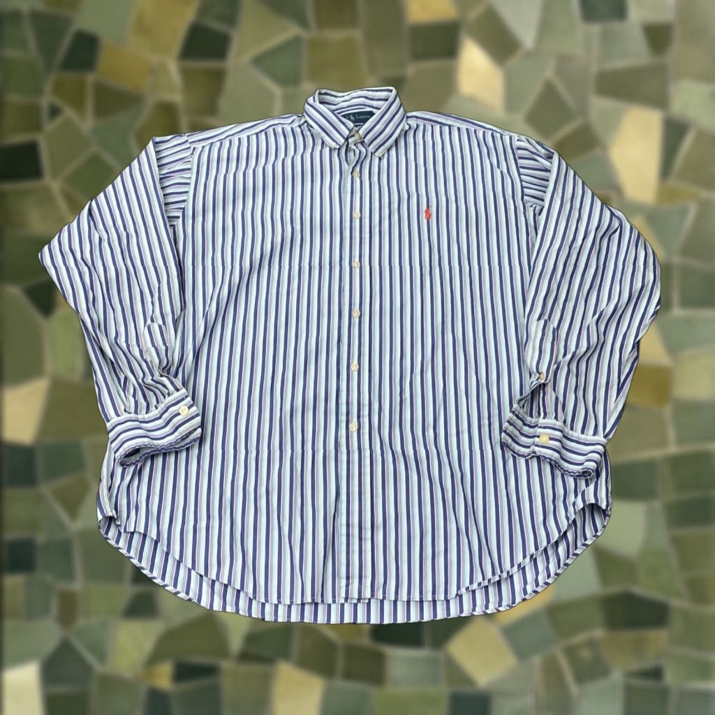 Ralph Lauren VINTAGE Ralph Lauren Shirt Mens Large Blue White Striped 90s Preppy Button-Down Collared Polo Pony Size US L / EU 52-54 / 3 - 1 Thumbnail
