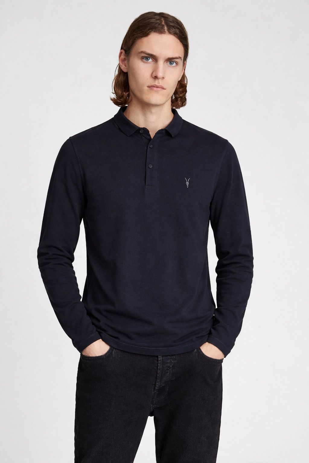 Allsaints AllSaints Mens Navy Long Sleeve Polo Shirt Ramskull Logo Size US XS / EU 42 / 0 - 1 Thumbnail