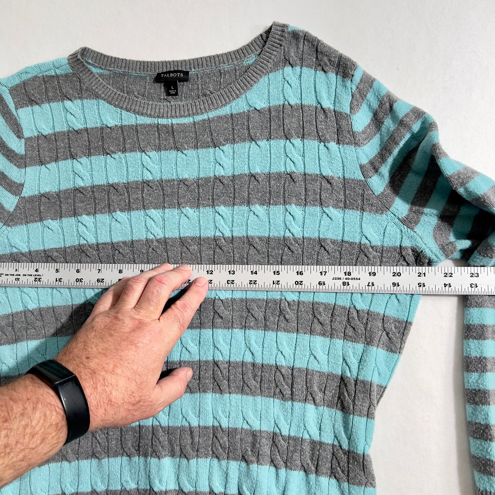 Robert Talbott Sweater Talbots Woman L 30% Lambswool Cable Teal Grey Stripe Size L / US 10 / IT 46 - 7 Thumbnail