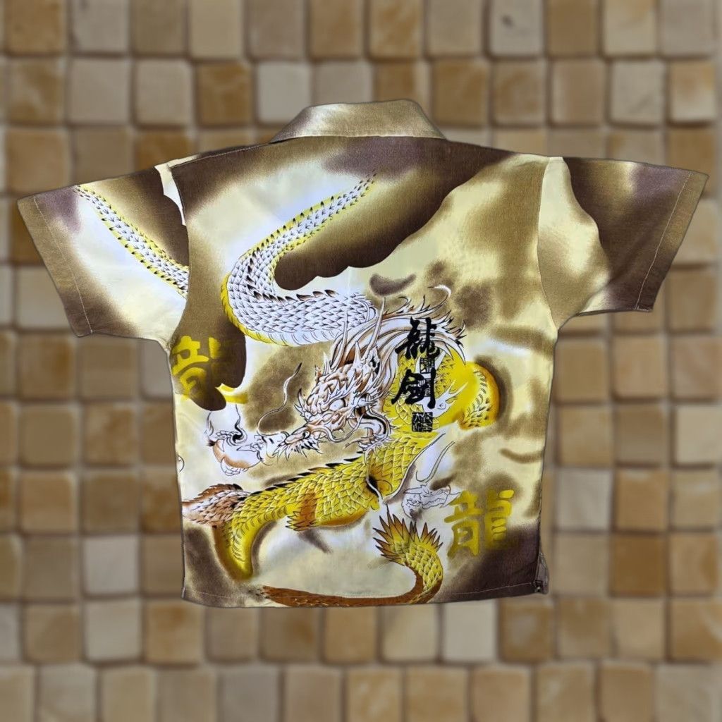 Vintage Guo Lhi Ting Early 00's Goth Y2K Dragon Yellow Brown Cream Shirt Women's 8 Button-Up Short Sleeve 8 Yellow/Brown/Cream Womens Size M / US 6-8 / IT 42-44 - 1 Thumbnail