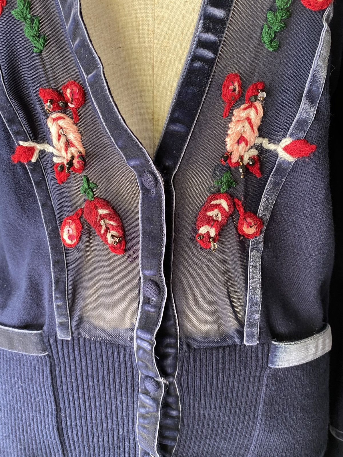 Kenzo KENZO Blue V-Neck Cardigan with Embroidered Trim. Size ONE SIZE - 5 Thumbnail
