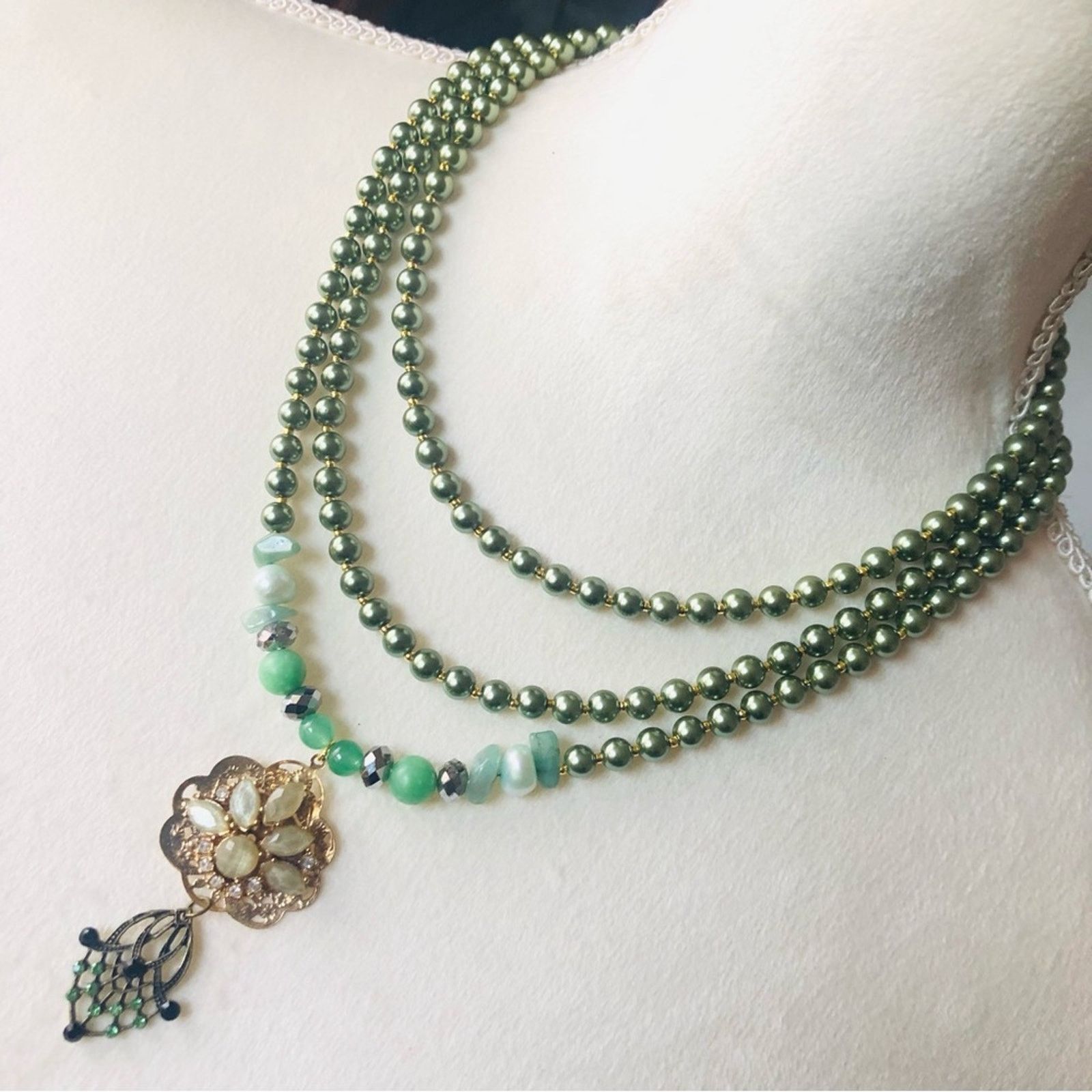 Handmade Handcrafted repurpose aventurine Czech glass Pearl necklace Size ONE SIZE - 1 Thumbnail