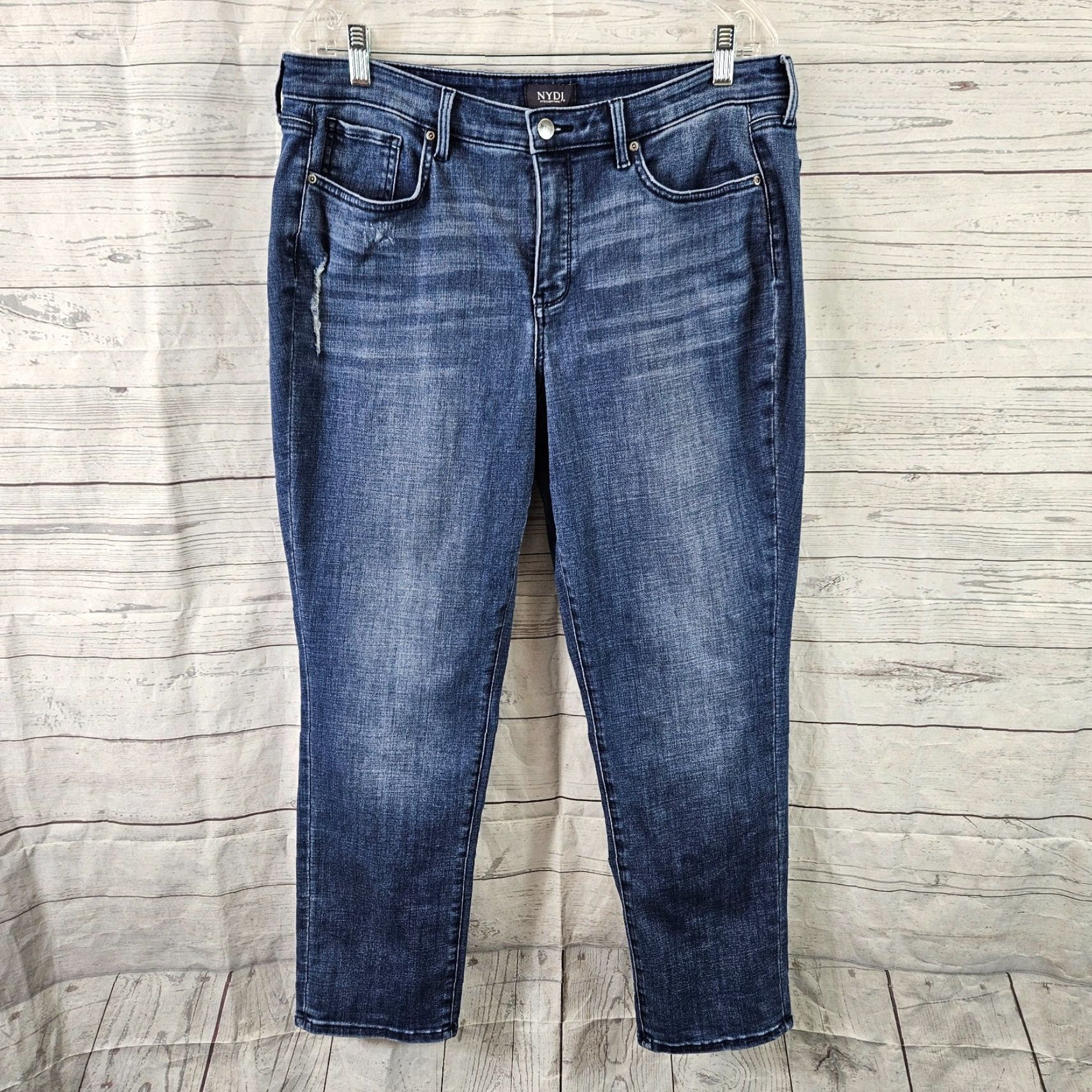 NYDJ NYDJ Womens Ankle Jeans 12 Blue High Rise Distressed Cotton Blend Denim Shirt? Size 34" / US 12 / IT 48 - 2 Thumbnail