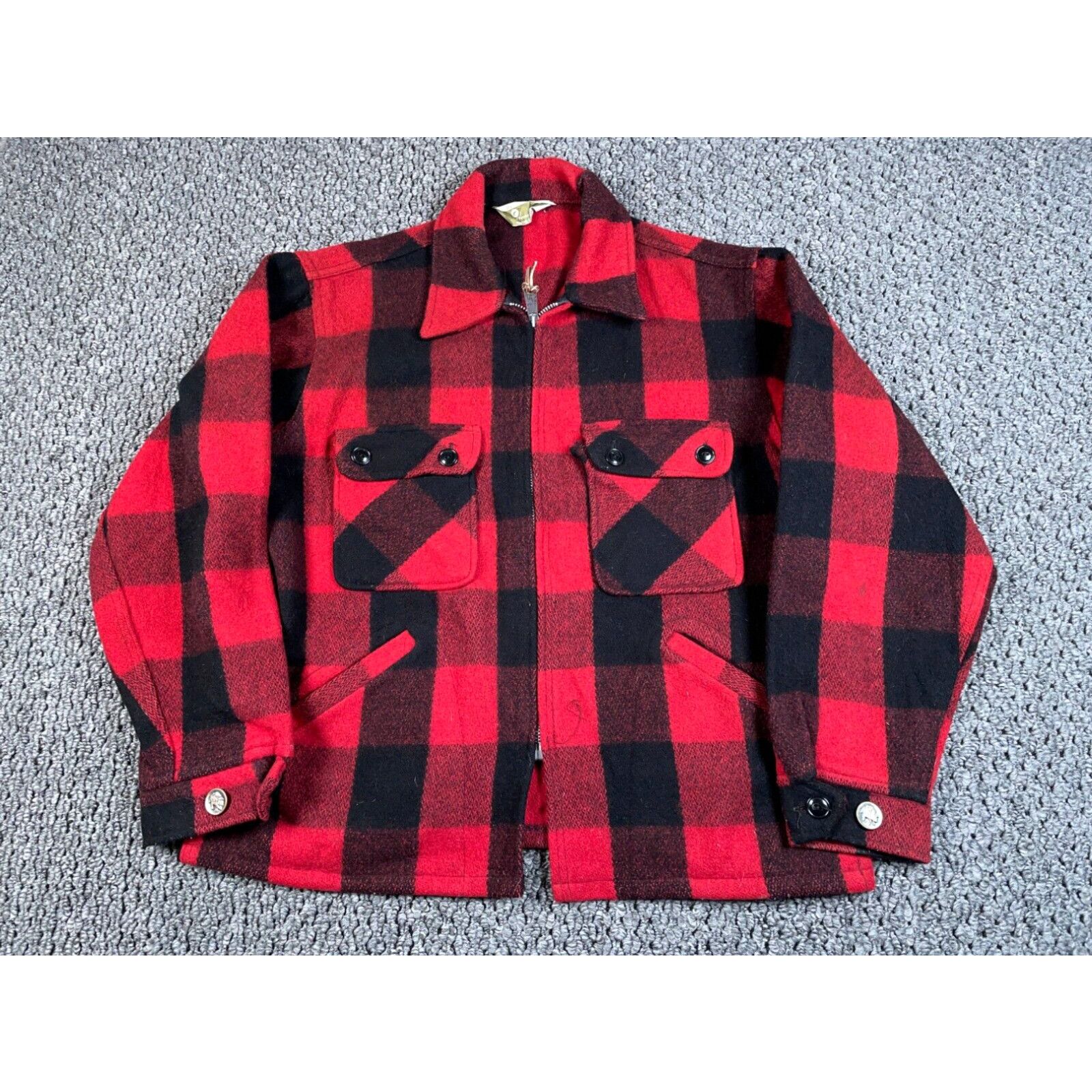 image of Vintage VTG Jcpenney Wool Zip Hunting Jacket Adult Large Black Red Plaid Talon Zip in White, Men's