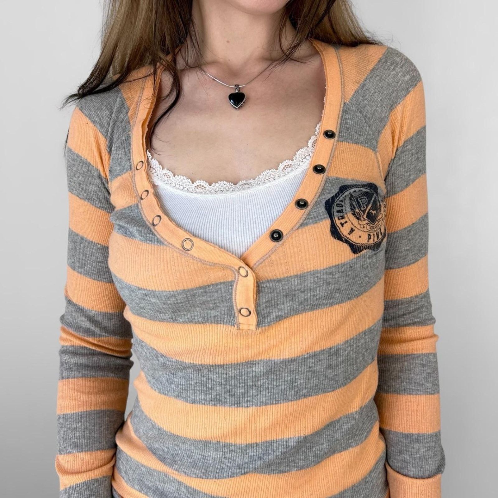 Victoria's Secret y2k orange striped long sleeve henley top Size S / US 4 / IT 40 - 1 Thumbnail