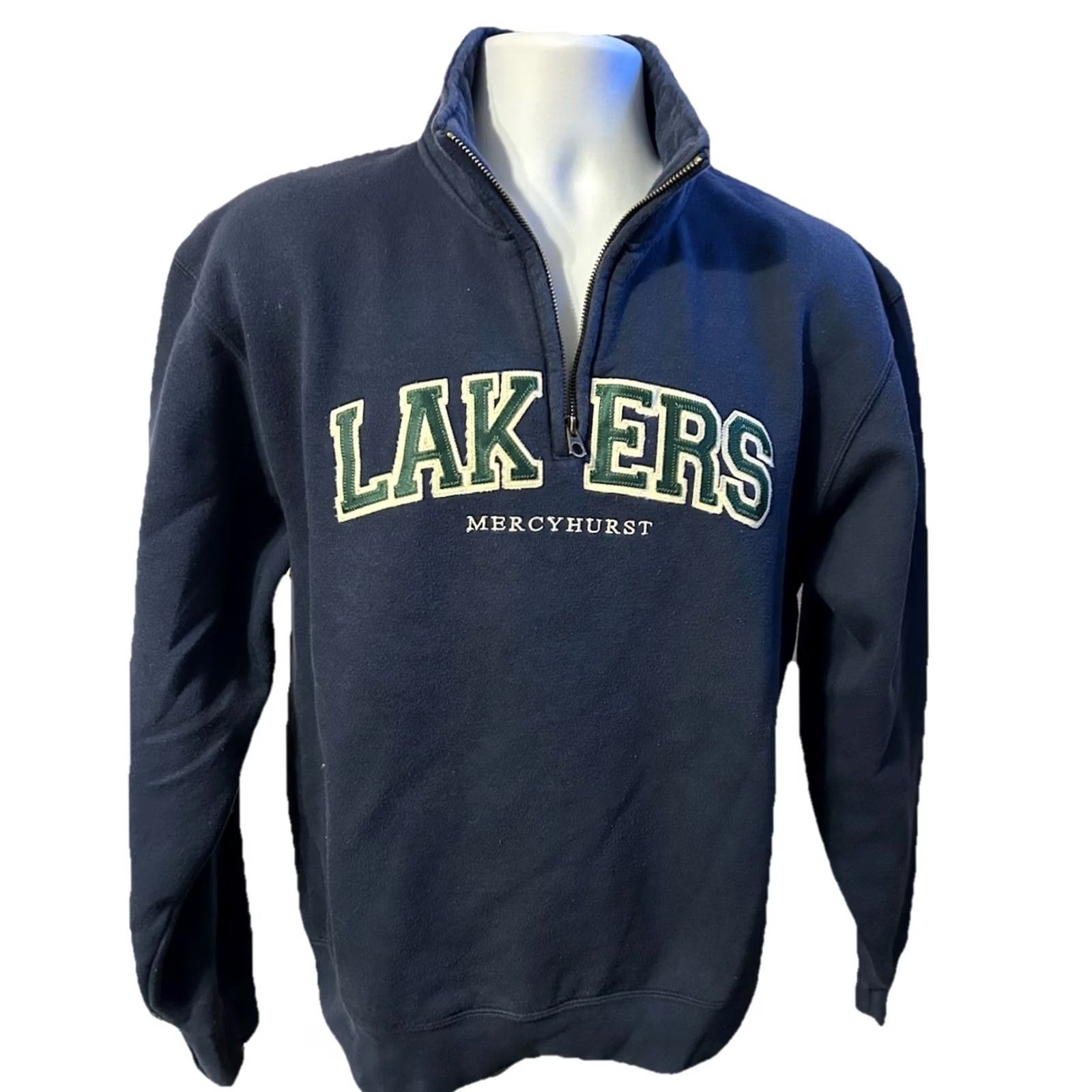 Jansport VTG Mercyhurst University 1/4 Zip Pullover Unisex Adults Medium Navy Blue Stitched Logo Zipper Mock Neck Athletic Shirt Pullover 1/4 Zip Size US M / EU 48-50 / 2 - 6 Thumbnail