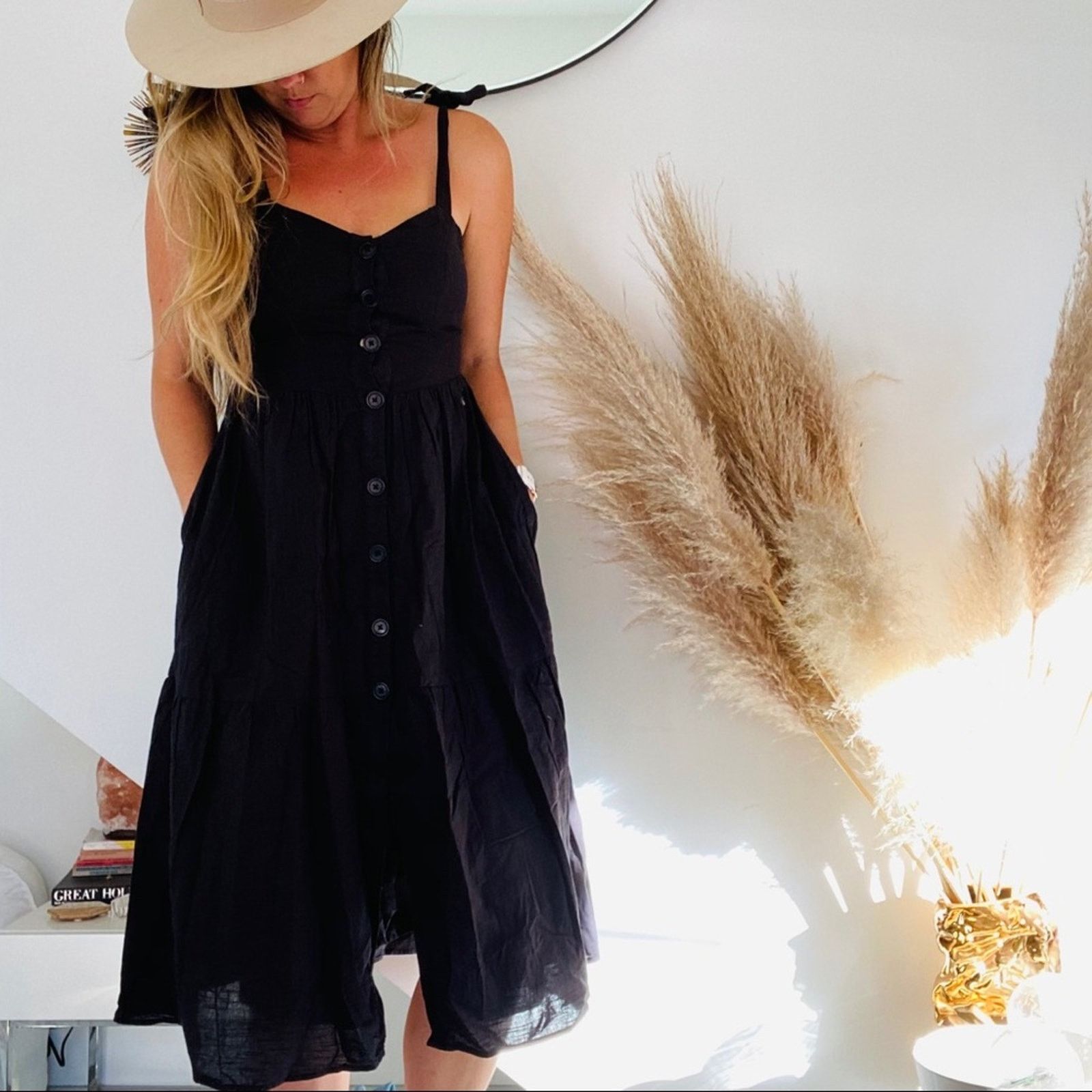 urban outfitters black linen dress Urban Outfitters Black Imani Linen Tulip Mini Dress Size Medium OB974202